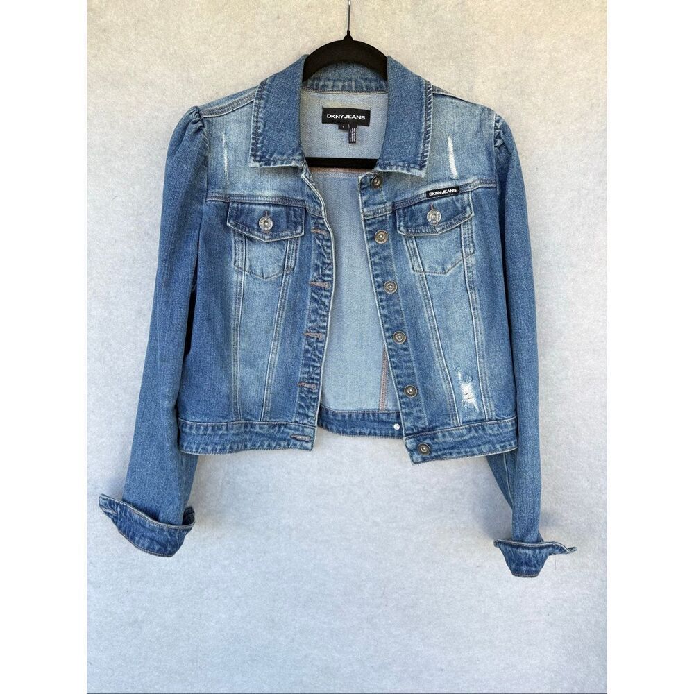 DKNY Jeans Women Denim Jacket Small Blue Distressed Stretch Puff Sleeve Trucker